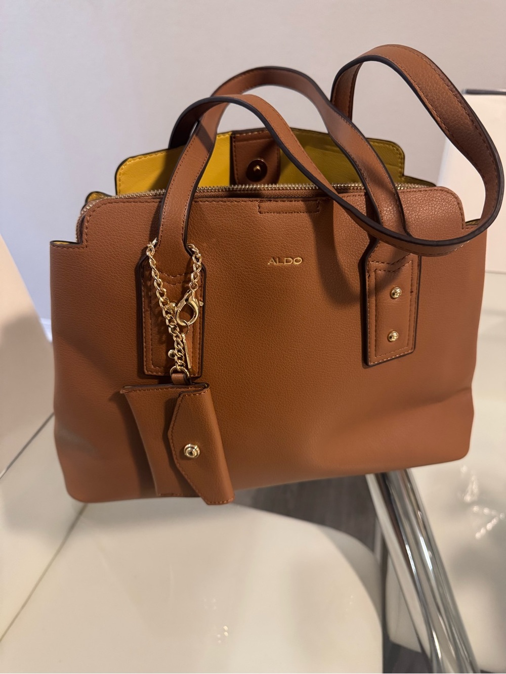 Aldo Brown Tote with Yellow Interior and Chain Accent